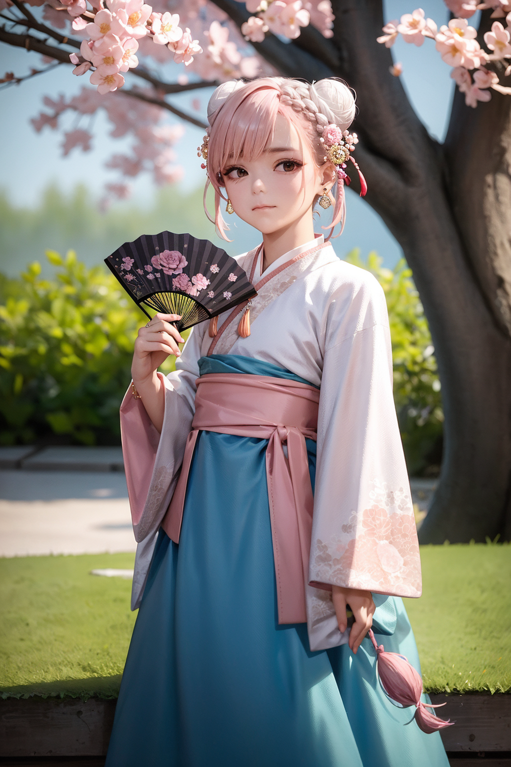 08337-3501651850-masterpiece, best quality,8K,realistic,_,_1girl, solo, braid, cosplay, (pink hair_!.2), long sleeves, holding, looking at viewer.png